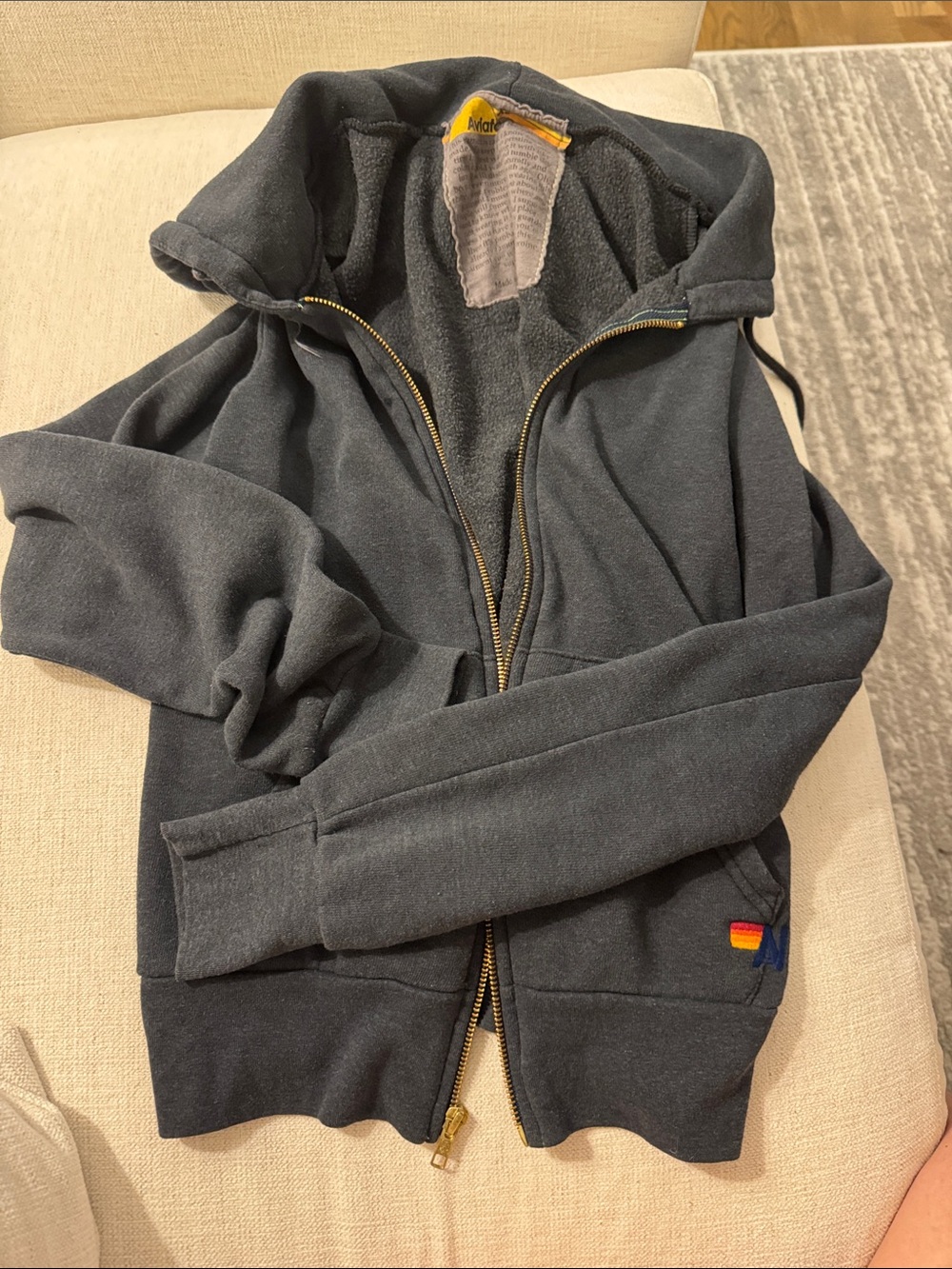 Aviator Nation Zip-Up Hooded Sweatshirt in Charcoal with Small Flag Detail